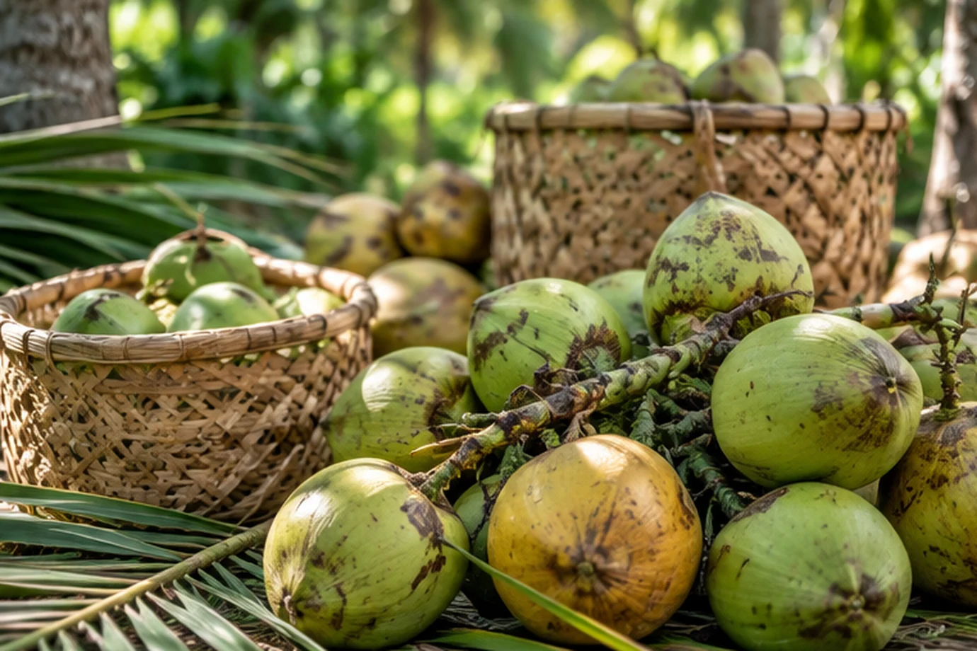 Ilustrasi buah-buah kelapa dan keranjang hasil panen