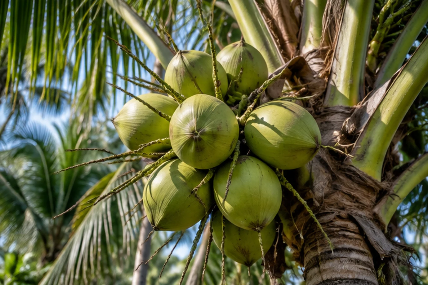 Ilustrasi buah kelapa hijau di pohon